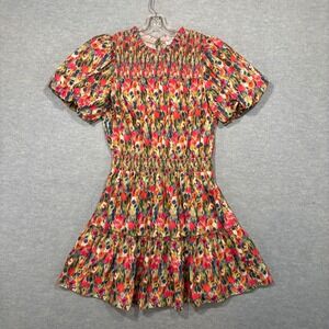 TCEC Painterly Floral Smocked Puff Sleeve Mini‎ Dress Tiered Skirt Multi Color